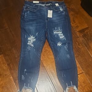 Judy Blue Sz 18W Dark Blue Distressed Skinny Jeans Shark Bite Hem
